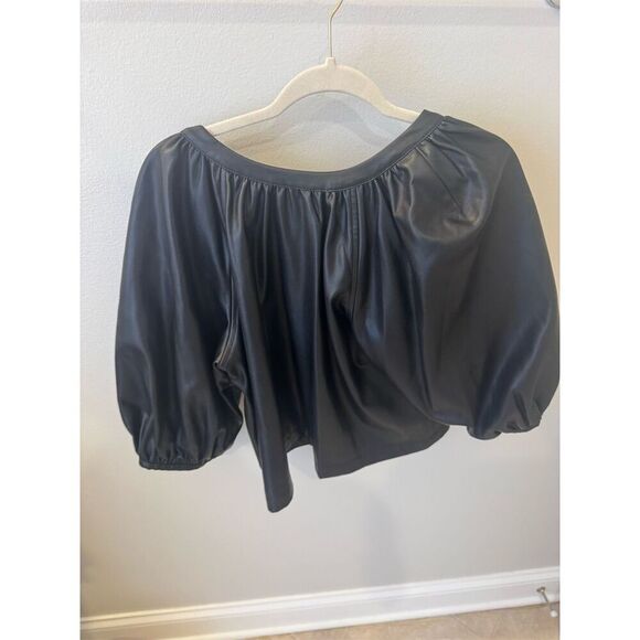 Staud Women's Black Faux Leather Button-Up 3/4 Balloon Sleeve Size M - Picture 3 of 4